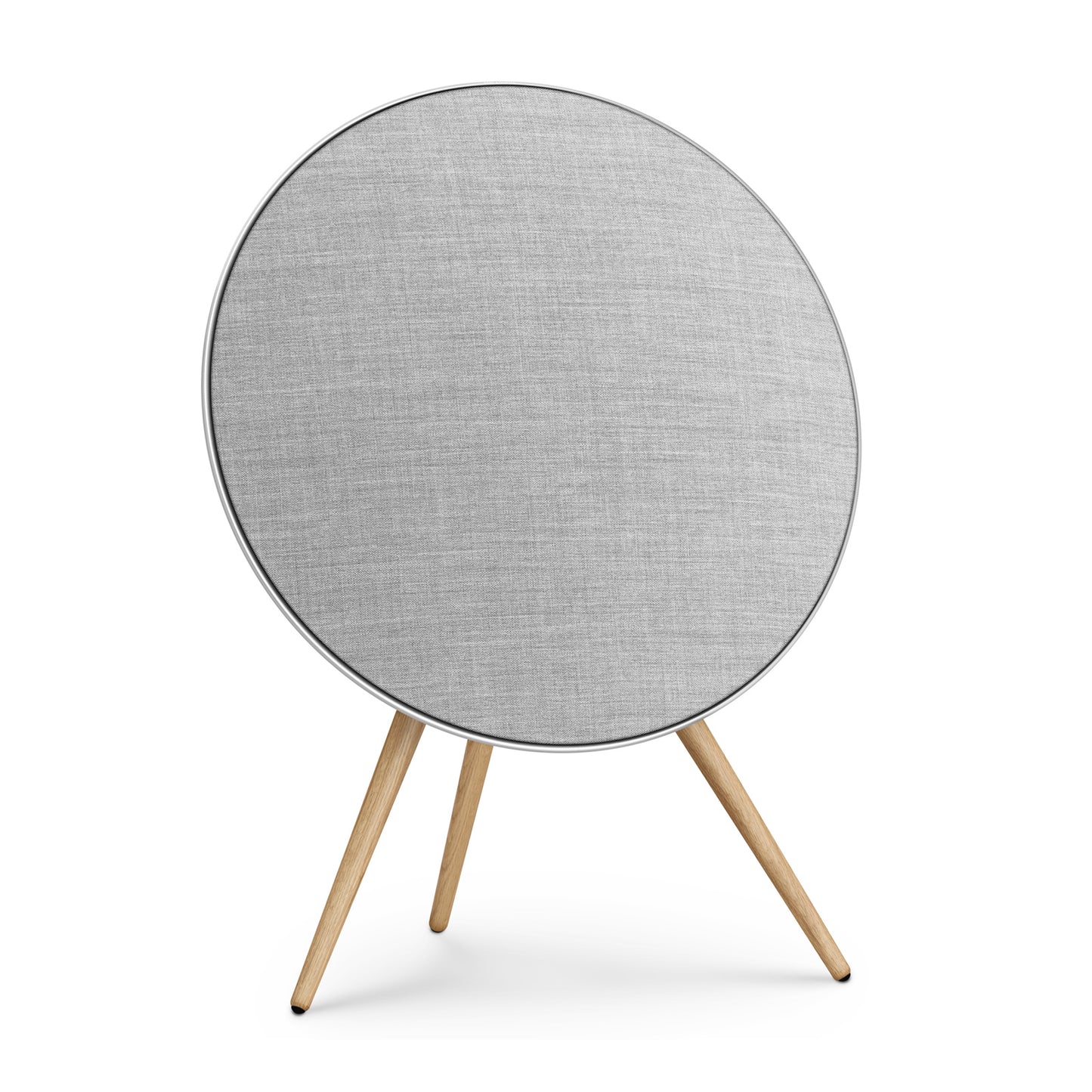 Bang & Olufsen BeoPlay A9 and BeoSound A9 Kvadrat cover Natural by Bang & Olufsen featuring light natural grey acoustically transparent wool blend textile on oak legs, front hero shot on white background