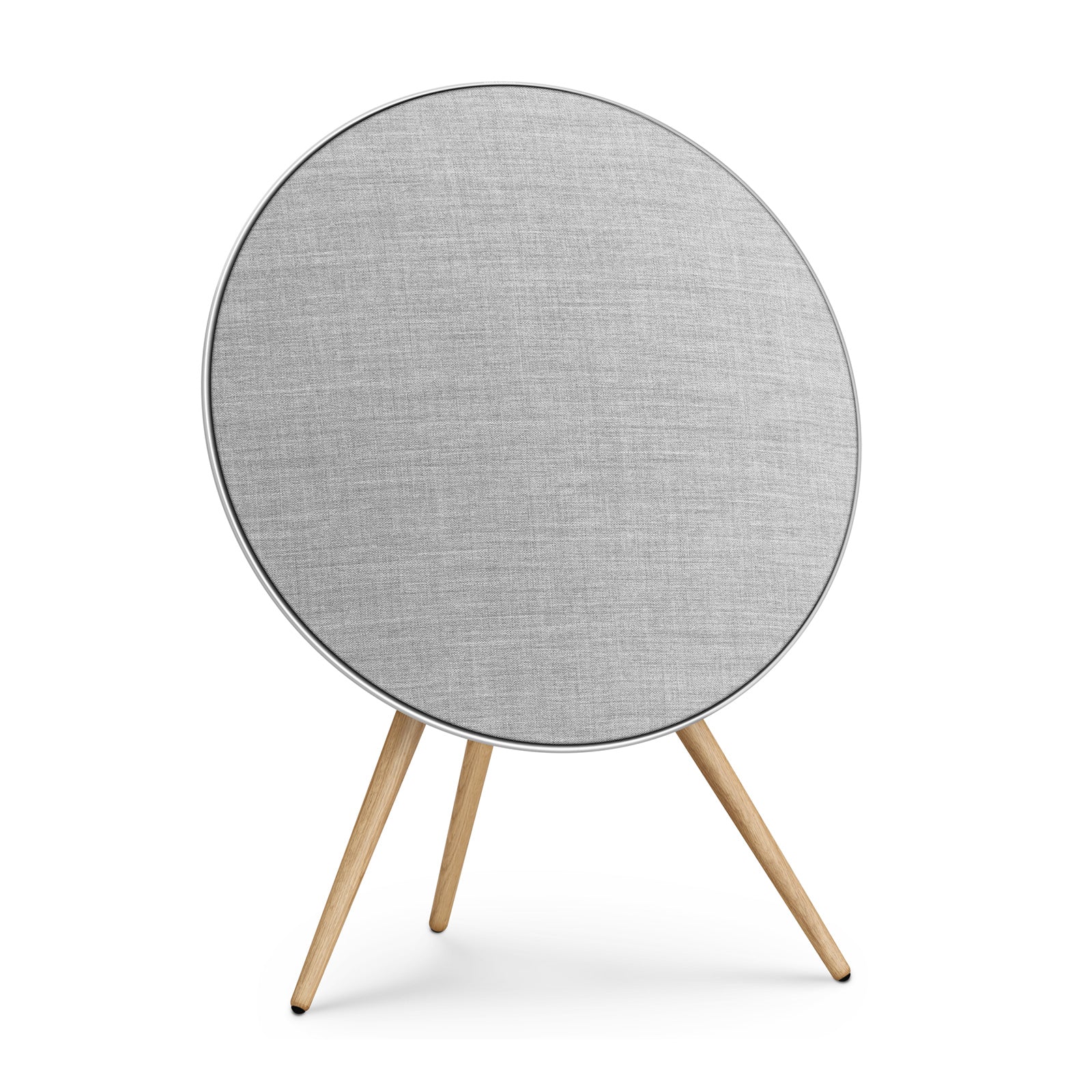 Bang & Olufsen BeoPlay A9 and BeoSound A9 Kvadrat cover Natural by Bang & Olufsen featuring light natural grey acoustically transparent wool blend textile on oak legs, front hero shot on white background