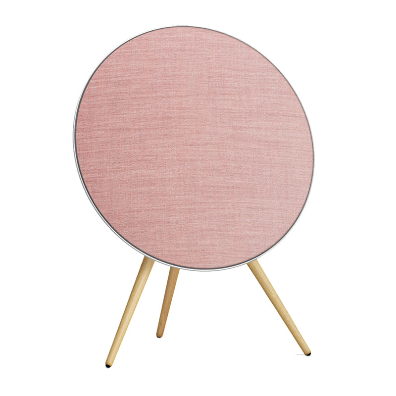 Bang & Olufsen BeoPlay A9 and BeoSound A9 Kvadrat cover Pink by Bang & Olufsen featuring soft rose pink acoustically transparent wool blend textile on natural oak legs, front hero shot on white background