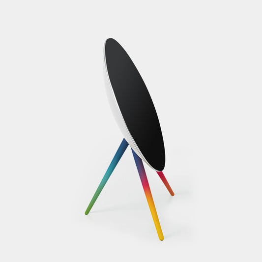 Bang & Olufsen BeoPlay A9 and BeoSound A9 legs cover Solid Colors by Tegrino Studio featuring full-spectrum rainbow gradient across three tripod legs from yellow through red, pink, blue and green, side view on white background