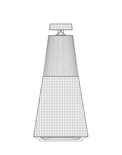 Bang & Olufsen BeoSound 2 speaker outline illustration showing tapered tower form with top control panel