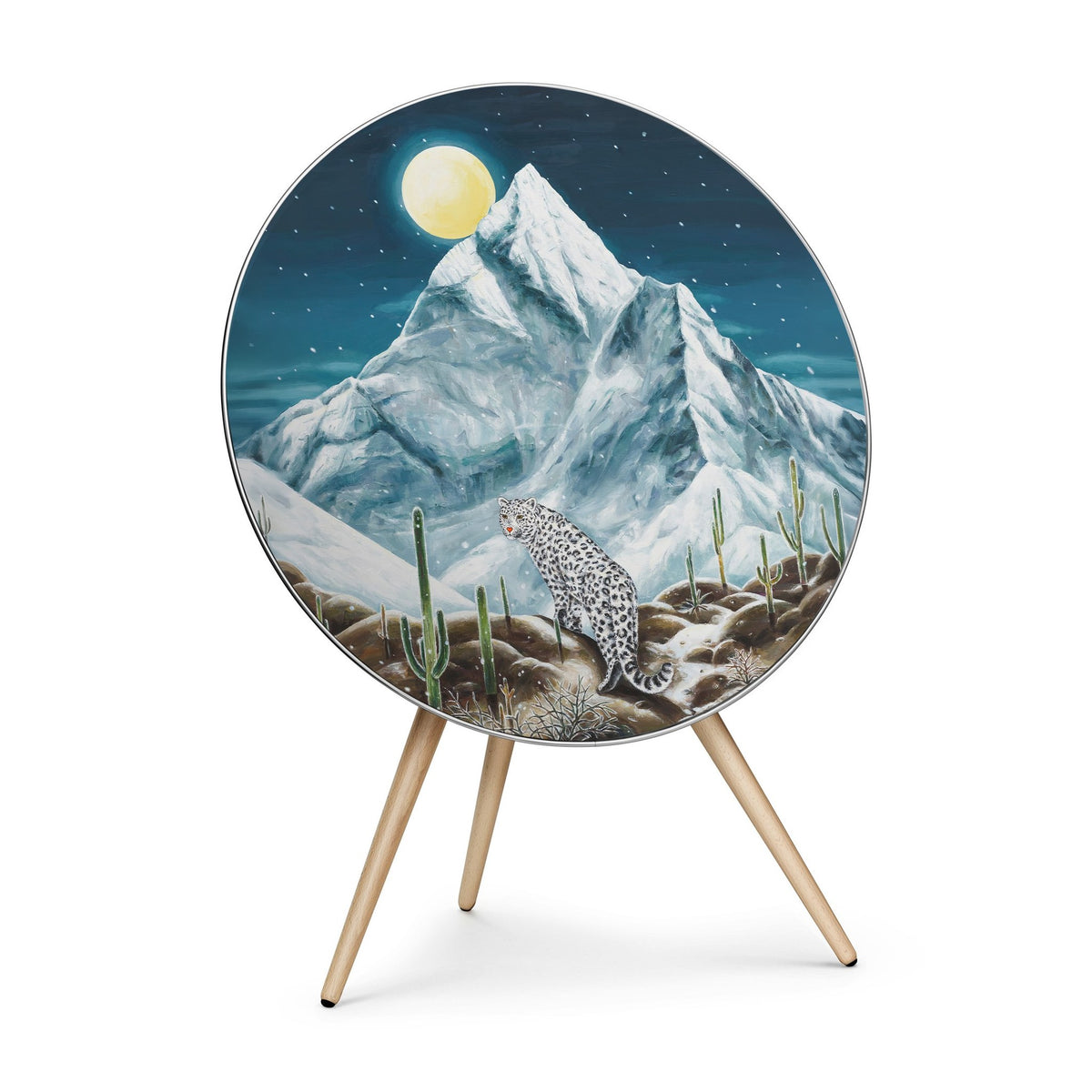 Bang & Olufsen Beoplay A9 speaker cover Toward the Moonlight by Aira Choi, a snow leopard beneath K2 and a full moon, printed on acoustically transparent fabric