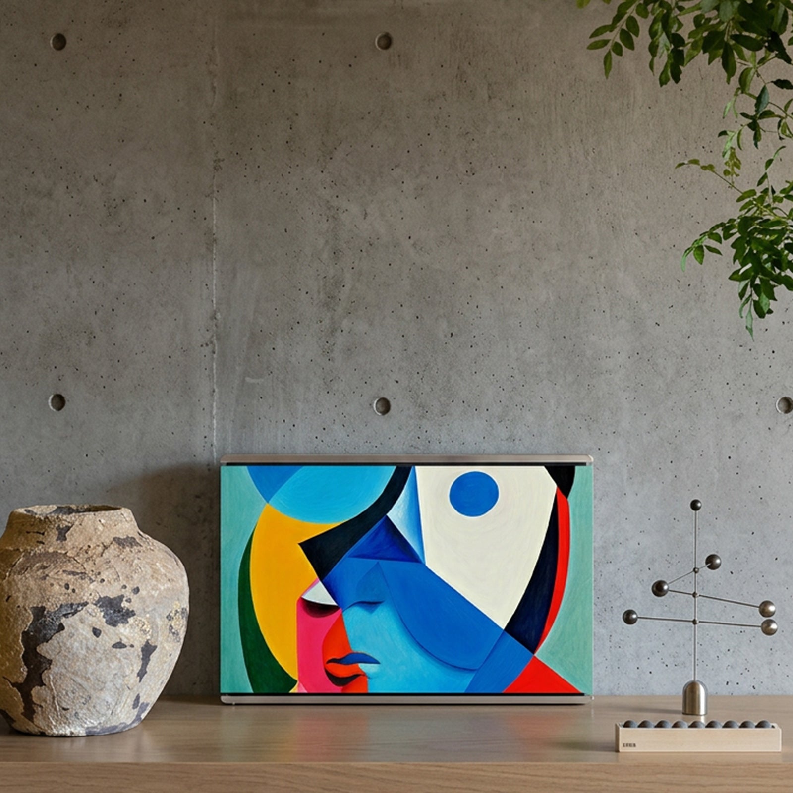Bang & Olufsen BeoSound Level speaker with Éclat — Cubist Portrait cover by Tegrino Studio in a minimalist home environment, capturing cubist abstract face in vivid blue, yellow and pink geometric planes on wood surface beside raw stone vase and kinetic sculpture against concrete wall
