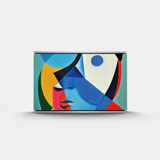 Bang & Olufsen BeoSound Level speaker cover Éclat — Cubist Portrait by Tegrino Studio featuring cubist abstract face in vivid blue, yellow, pink and deep green geometric planes, printed on acoustically transparent fabric