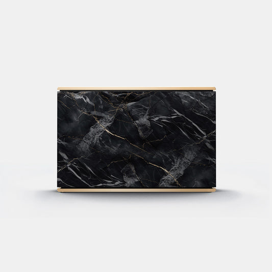 Bang & Olufsen BeoSound Level cover replacement featuring Noir Marquina black marble pattern with gold veining, brass trim edge, printed on acoustically transparent fabric, front view on white background