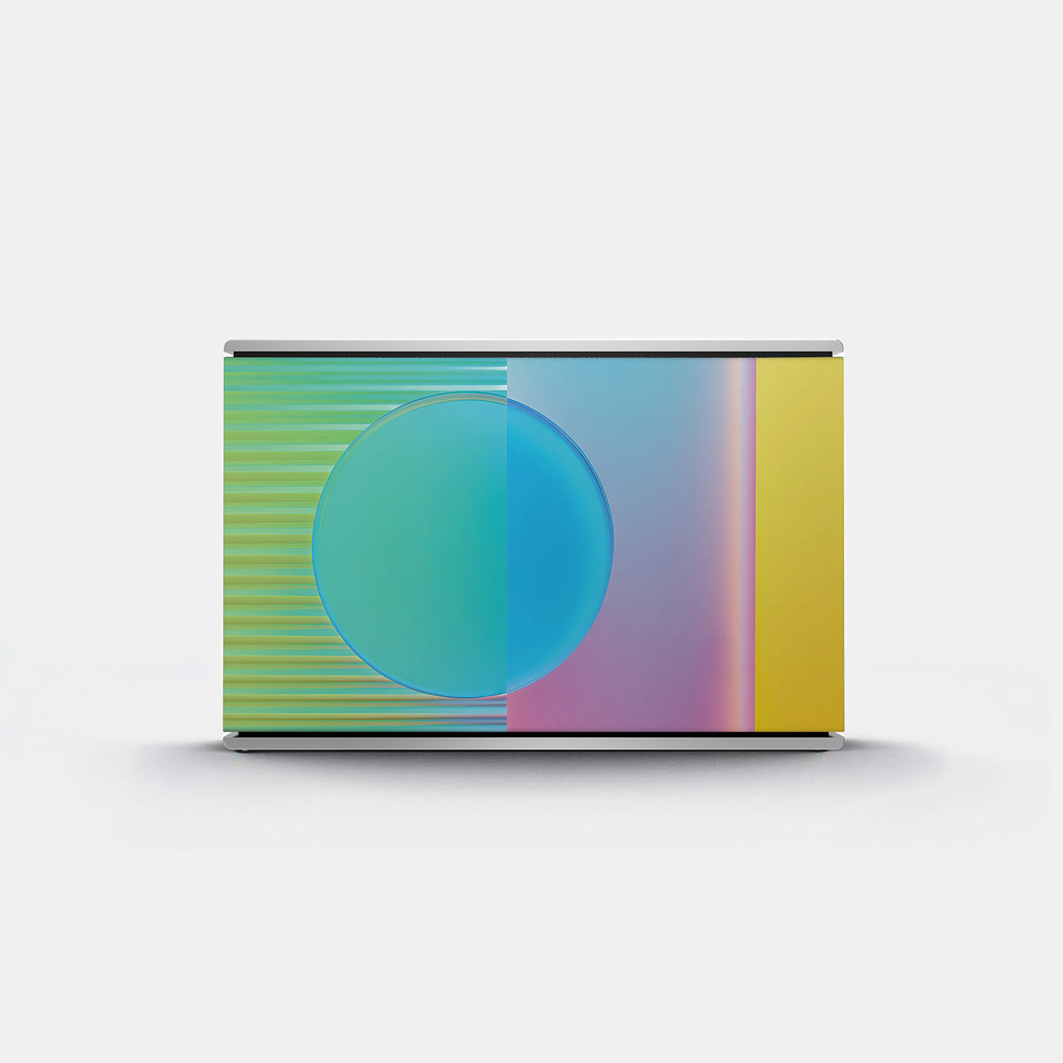 Bang & Olufsen BeoSound Level speaker cover replacement Prism by Tegrino Studio featuring holographic sphere with horizontal scan lines shifting from lime green through teal, sky blue, soft pink and yellow, printed on acoustically transparent fabric
