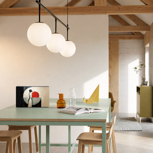 Bang & Olufsen BeoSound Level speaker with Soleil cover by Tegrino Studio in a contemporary living space, capturing solitary female figure before a bold red circle in ivory and charcoal composition on mint green dining table beneath globe pendant lights with exposed timber beam ceiling