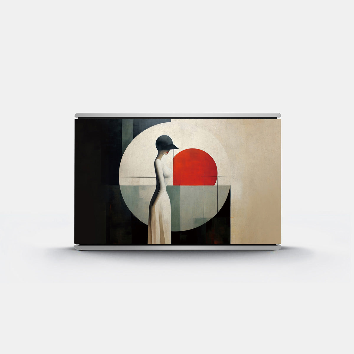 Bang & Olufsen BeoSound Level speaker cover replacement Soleil by Tegrino Studio featuring solitary female figure in wide-brim hat before a bold red circle in restrained ivory, charcoal and teal geometric composition, printed on acoustically transparent fabric