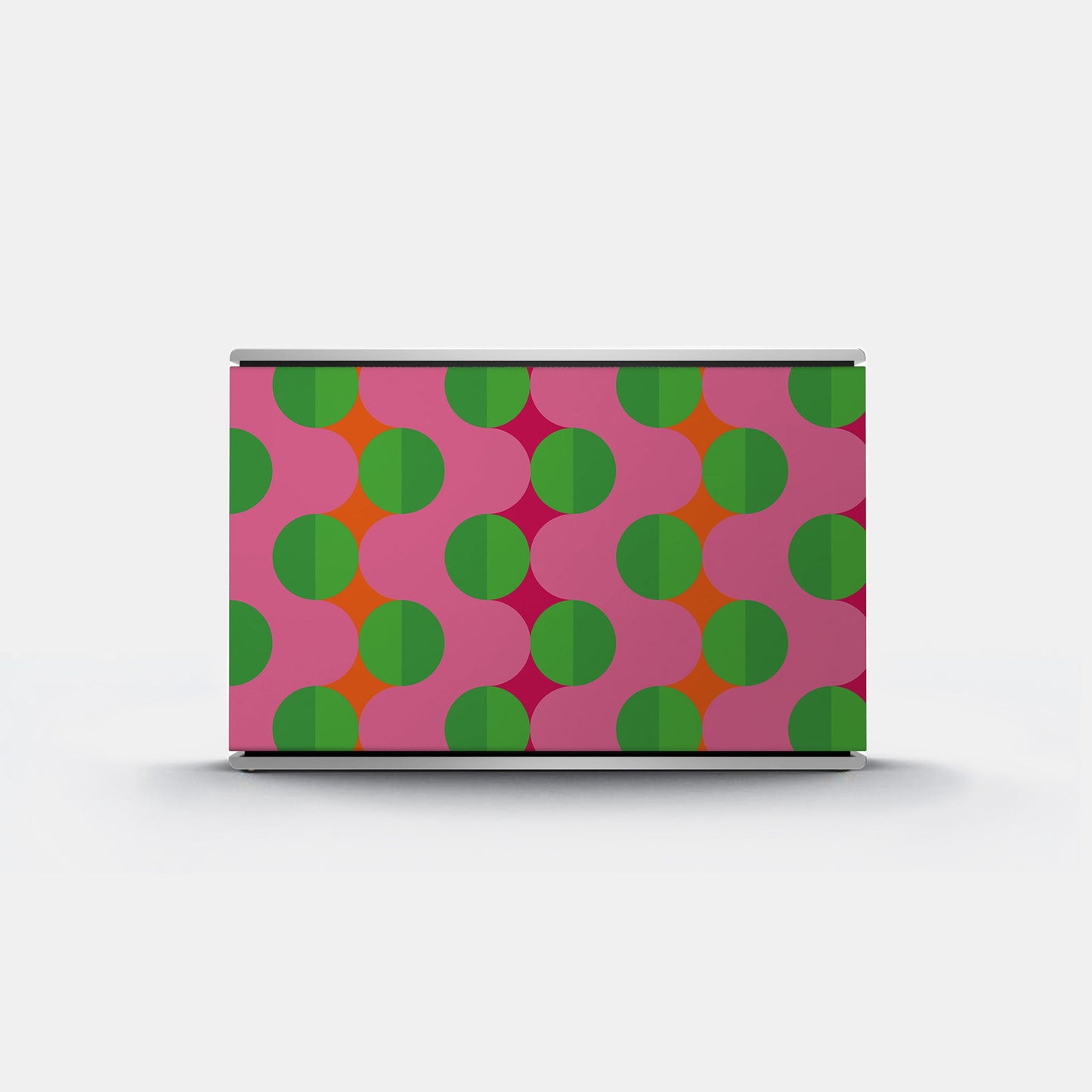 Bang & Olufsen Beosound Level speaker cover Summer Beat by Tegrino Studio featuring green circles in ordered rows over waves of pink, printed on acoustically transparent fabric