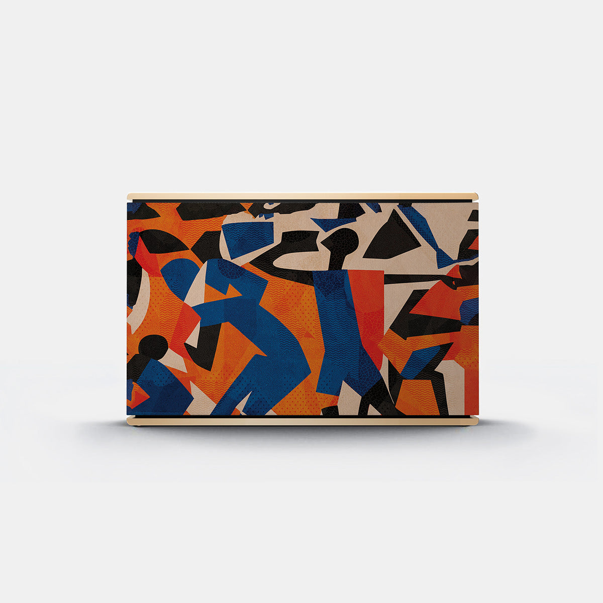 Bang & Olufsen BeoSound Level speaker cover replacement Verve by Tegrino Studio featuring bold figurative silhouettes in vivid blue, orange and red dynamic composition, printed on acoustically transparent fabric