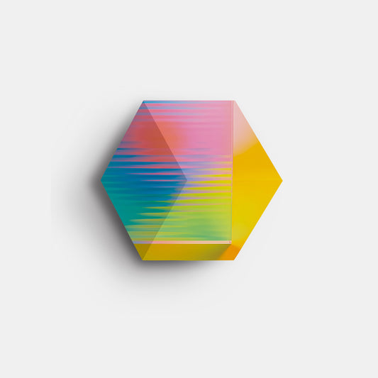 Bang & Olufsen BeoSound Shape speaker cover replacement Prism by Tegrino Studio featuring full-spectrum gradient with horizontal scan lines shifting from coral pink through sky blue, teal and chartreuse yellow on hexagonal tile, printed on acoustically transparent fabric
