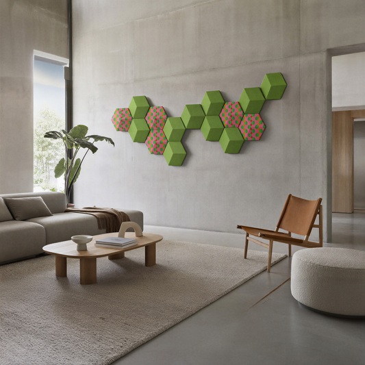 Bang & Olufsen Beosound Shape with Summer Beat covers by Tegrino Studio, a hexagon wall against raw concrete