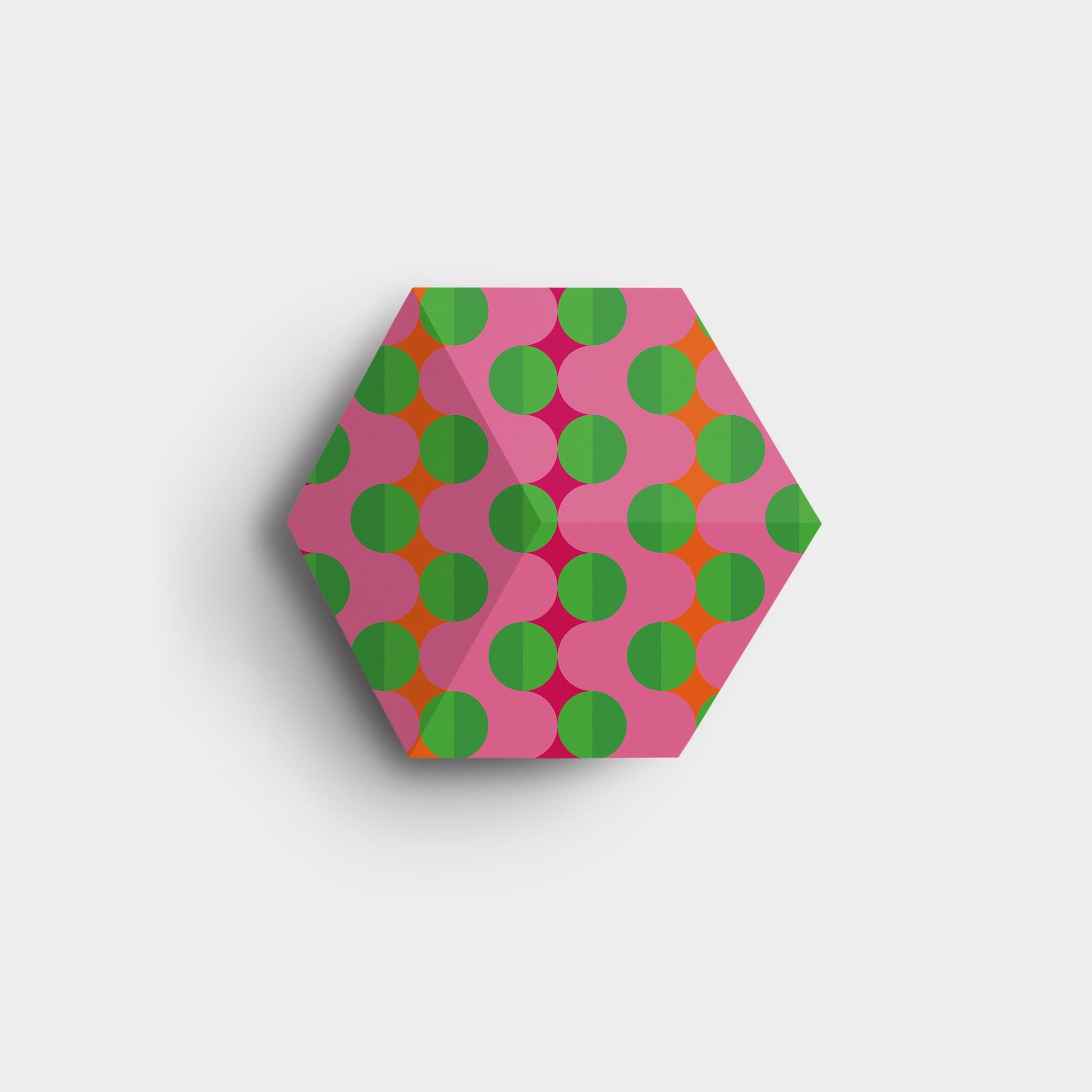 Bang & Olufsen Beosound Shape tile cover Summer Beat by Tegrino Studio featuring green circles in ordered rows over waves of pink, printed on acoustically transparent fabric