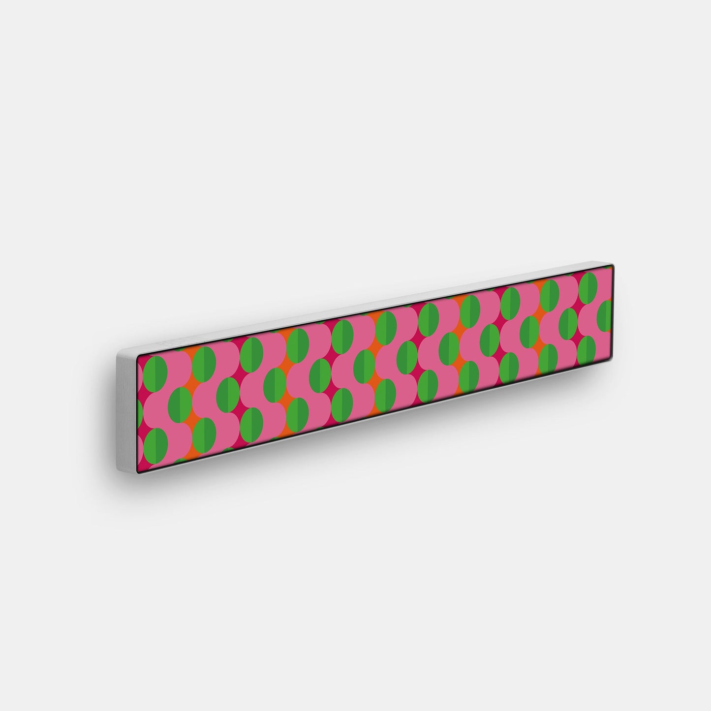 Bang & Olufsen Beosound Stage speaker cover Summer Beat by Tegrino Studio featuring green circles in ordered rows over waves of pink, printed on acoustically transparent fabric