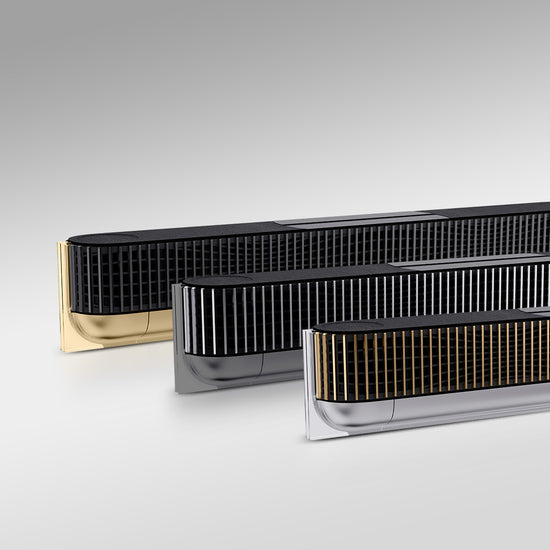 Bang & Olufsen BeoSound Theatre aluminium cover collection by Tegrino Studio featuring Black Anthracite, Silver and Gold Tone precision-machined lamellae finishes in close-up studio shot