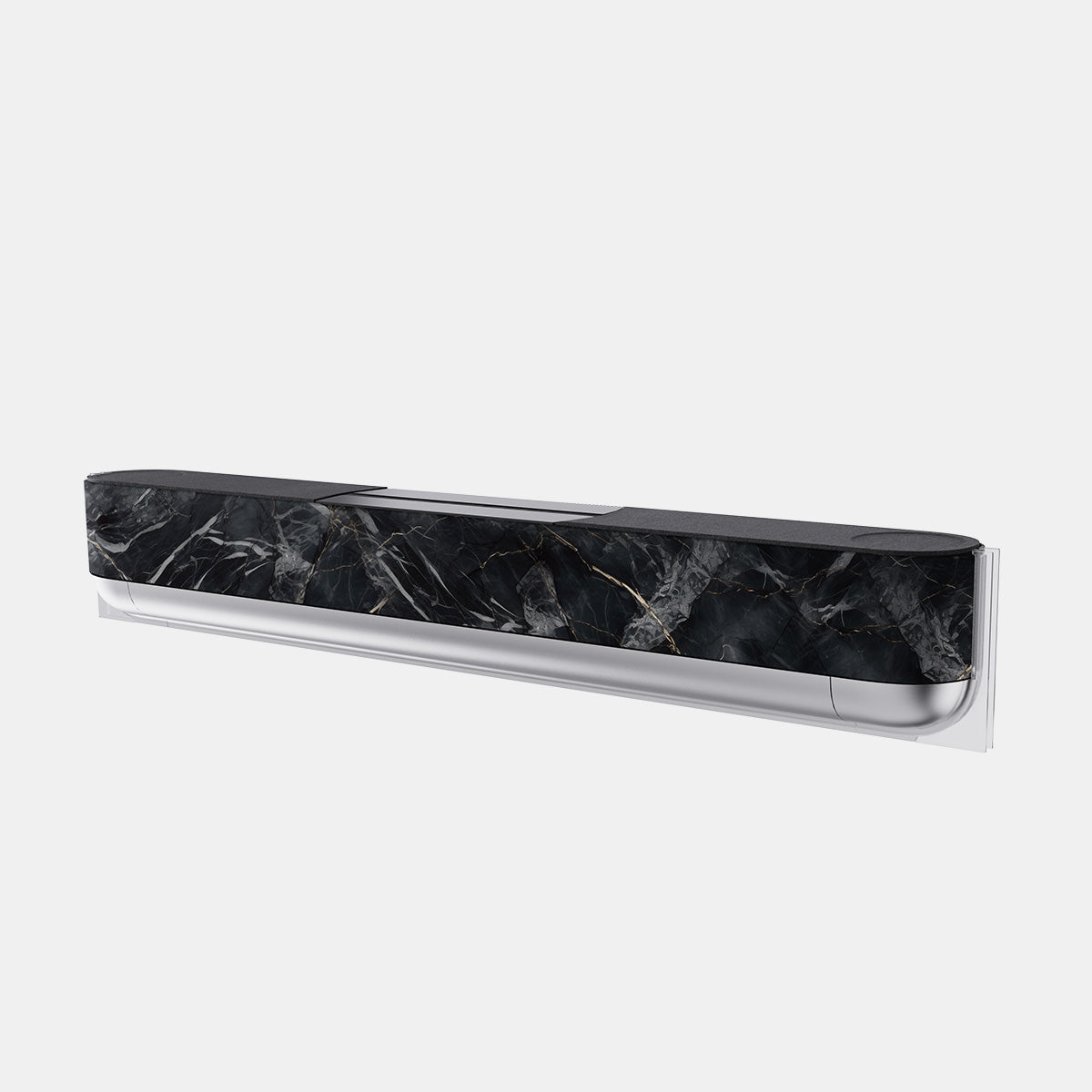 Bang & Olufsen BeoSound Theatre cover replacement featuring Noir Marquina black marble pattern with gold veining, silver chrome base, printed on acoustically transparent fabric, angled product view on white background