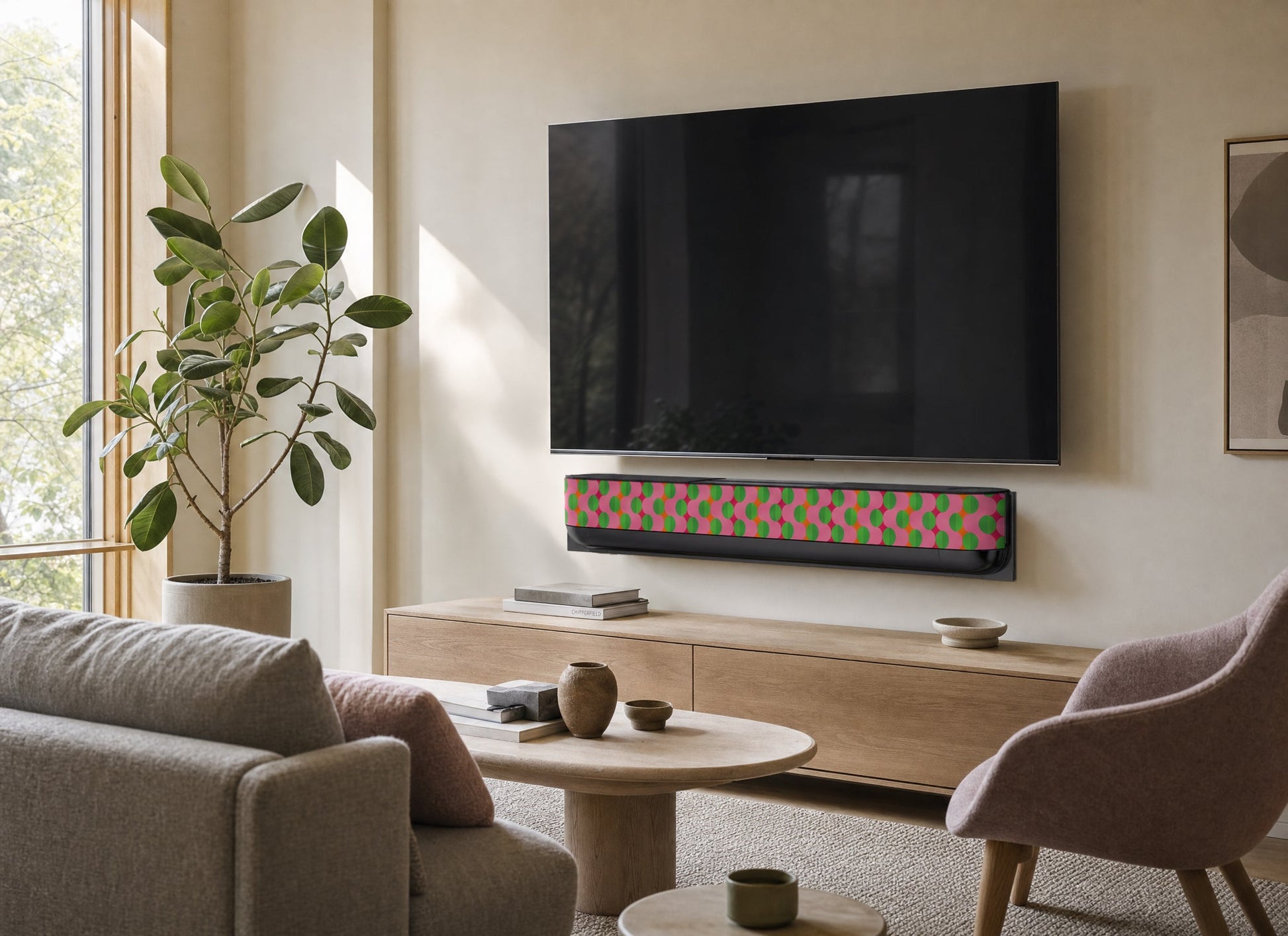 Bang & Olufsen Beosound Theatre with the Summer Beat cover by Tegrino Studio beneath a wall-mounted screen