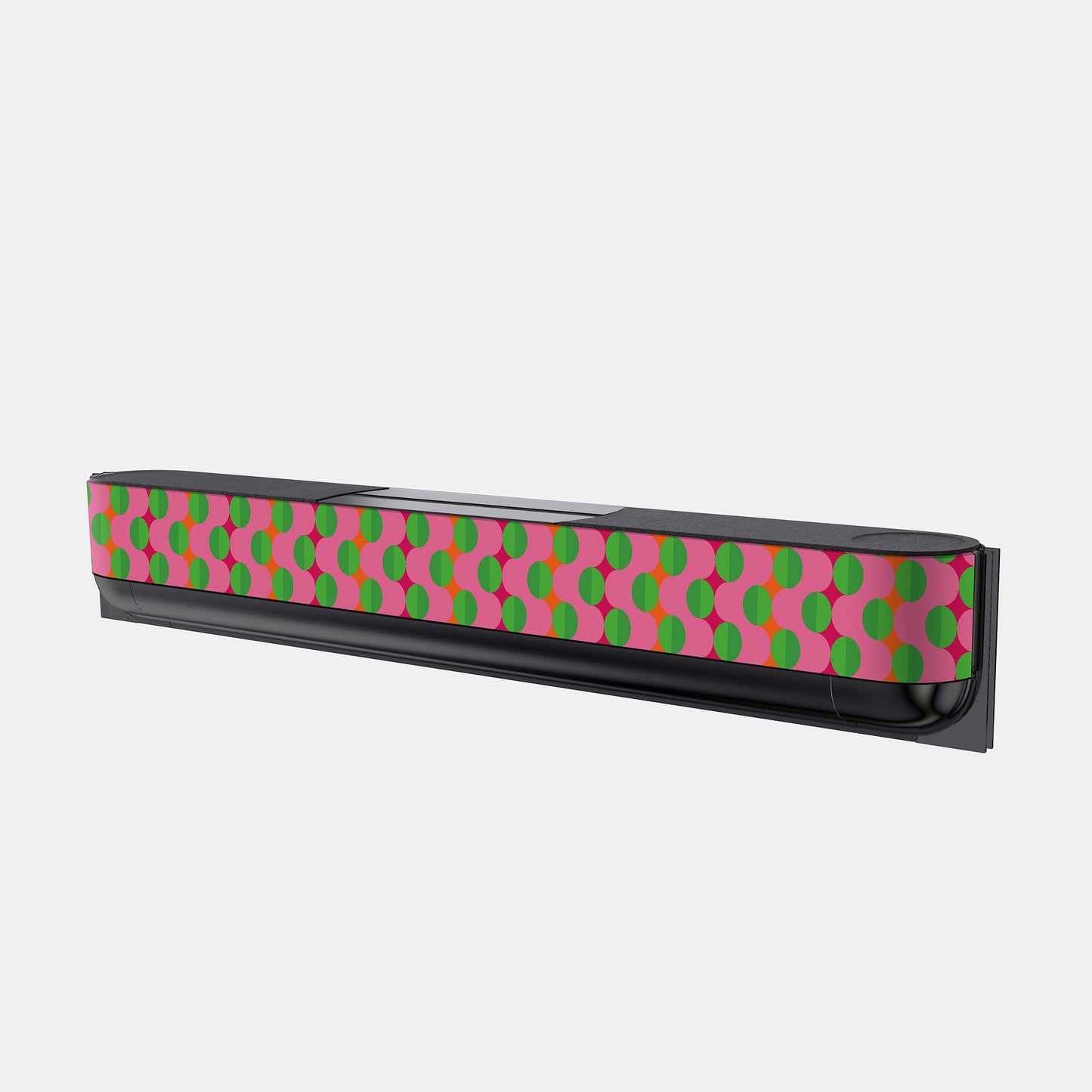 Bang & Olufsen Beosound Theatre speaker cover Summer Beat by Tegrino Studio featuring green circles in ordered rows over waves of pink, printed on acoustically transparent fabric