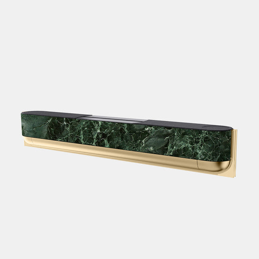 Bang & Olufsen BeoSound Theatre cover replacement featuring Verde St. Denis deep green marble pattern with white veining, gold chrome base, printed on acoustically transparent fabric, angled product view on white background