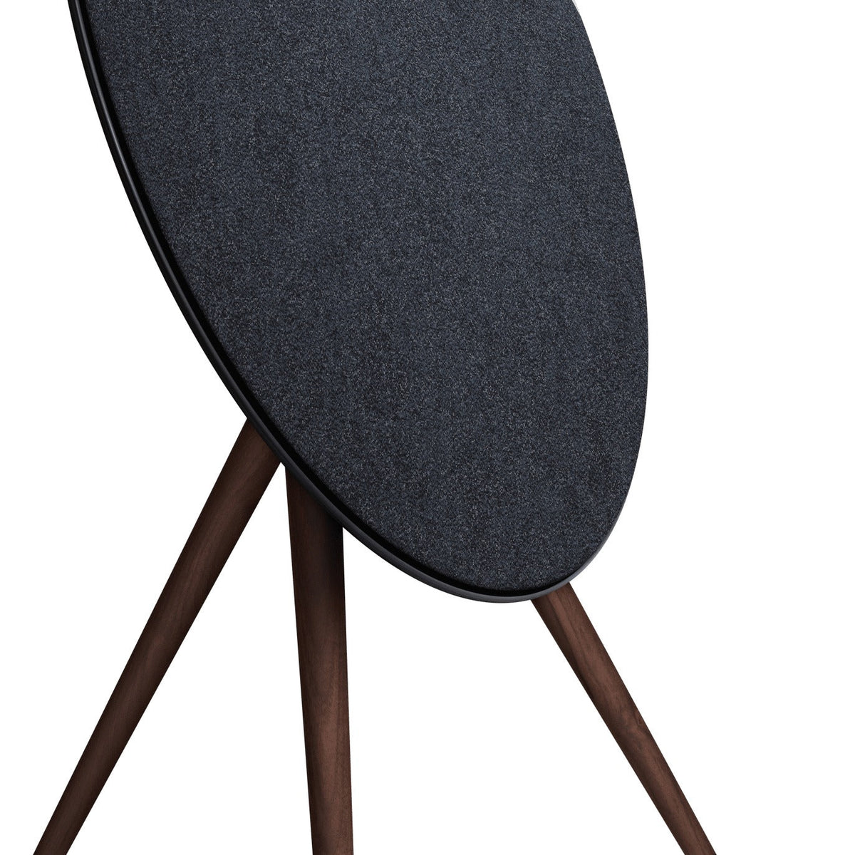 Bang & Olufsen Beoplay A9 and Beosound A9 Kvadrat Woolscape cover Dark Grey by Bang & Olufsen, close-up detail of the charcoal knitted wool texture and the lower edge of the cover