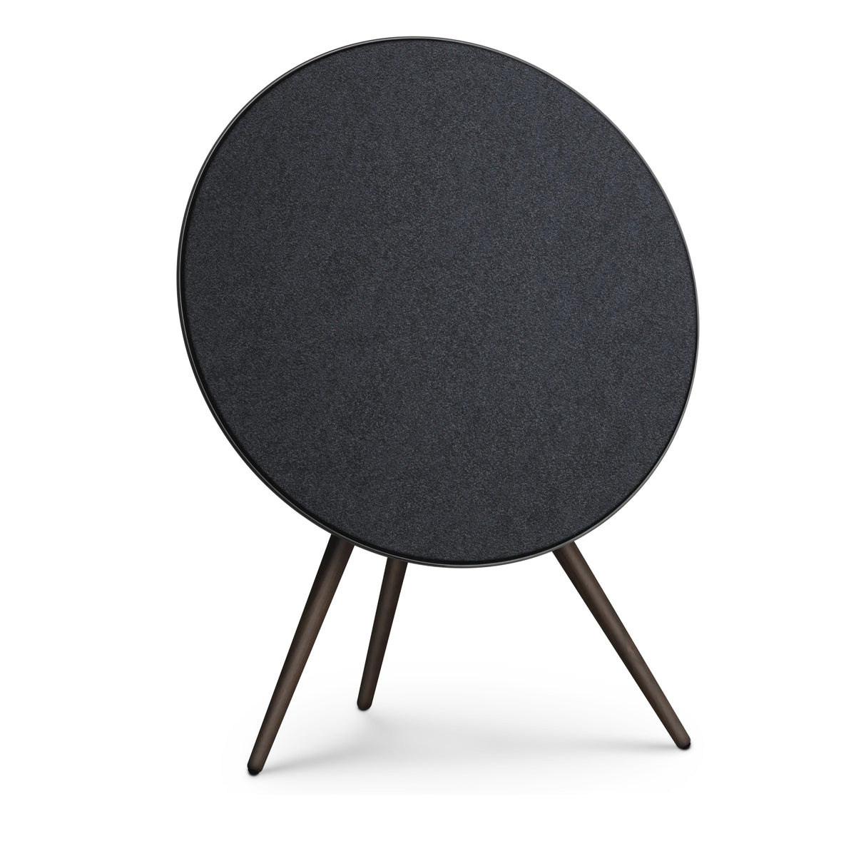 Bang & Olufsen Beoplay A9 and Beosound A9 Kvadrat Woolscape cover Dark Grey by Bang & Olufsen, charcoal double-knitted wool textile on an A9 in Black Anthracite, front hero shot on white background