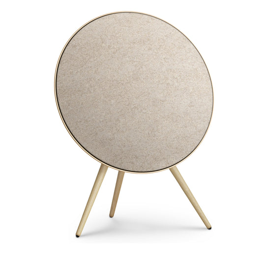 Bang & Olufsen Beoplay A9 and Beosound A9 Kvadrat Woolscape cover Golden by Bang & Olufsen, pale gold double-knitted wool textile on an A9 in Gold Tone, front hero shot on white background