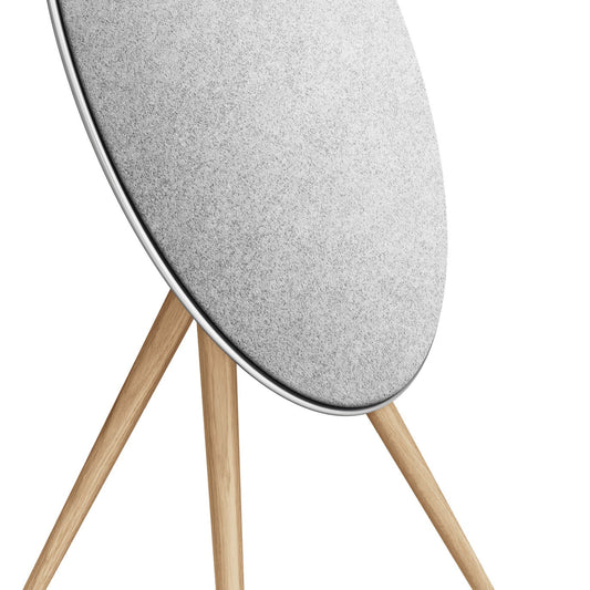 Bang & Olufsen Beoplay A9 and Beosound A9 Kvadrat Woolscape cover Light Grey by Bang & Olufsen, close-up detail of the pale grey knitted wool texture and the lower edge of the cover