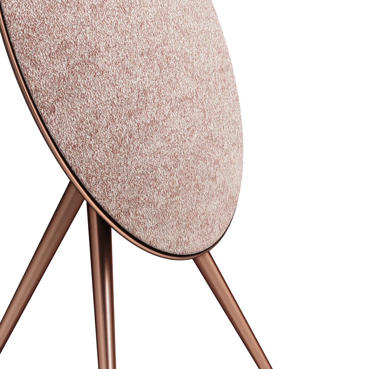 Bang & Olufsen Beoplay A9 and Beosound A9 Kvadrat Woolscape cover Mineral Red by Bang & Olufsen, low-angle detail of the four-tone knitted wool texture above the Sienna Brown legs