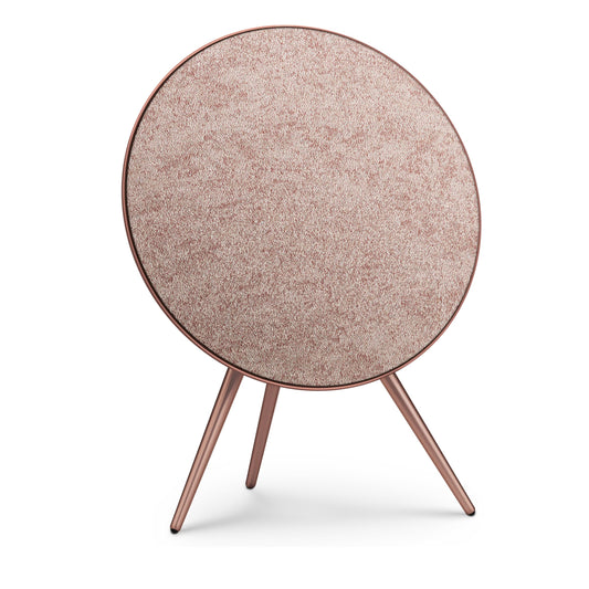 Bang & Olufsen Beoplay A9 and Beosound A9 Kvadrat Woolscape cover Mineral Red by Bang & Olufsen, layered dusty red double-knitted wool textile on an A9 in Sienna Brown, front hero shot on white background