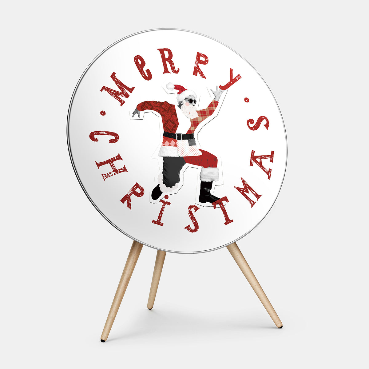 Bang & Olufsen Beoplay A9 speaker cover Dancing Santa by Tegrino Studio, a collage Santa in sunglasses dancing inside a hand-lettered Merry Christmas ring, printed on acoustically transparent fabric
