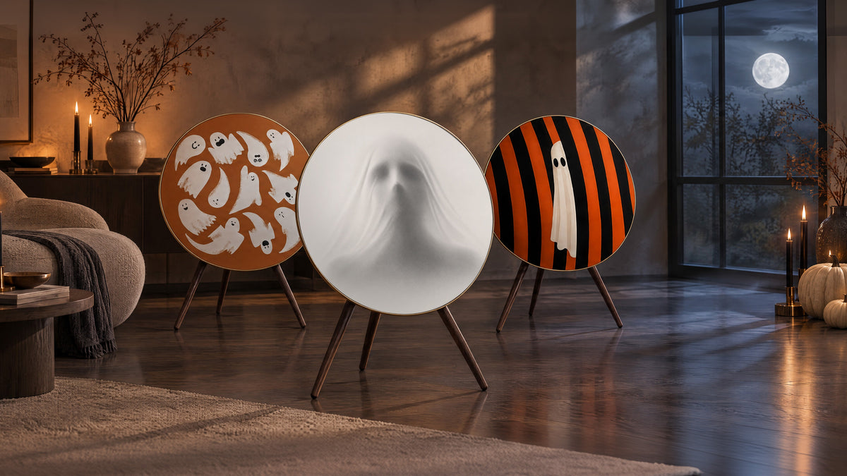Bang & Olufsen Beoplay A9 speakers with the Halloween 2026 covers Phantom, Spectre and Ghost Party by Tegrino Studio