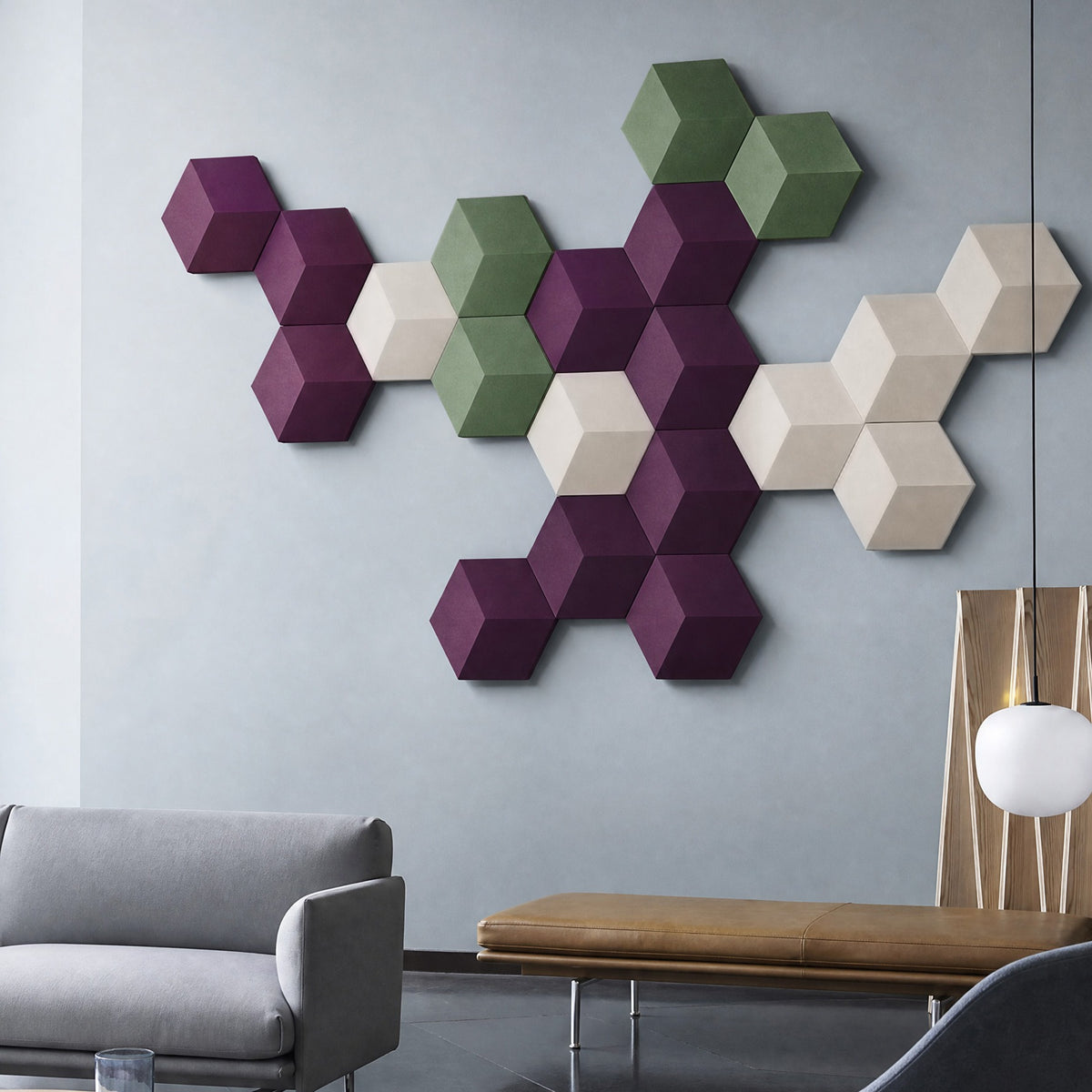 Bang & Olufsen Beosound Shape wall with Damson speaker covers by Tegrino Studio, purple and green tiles above a grey sofa