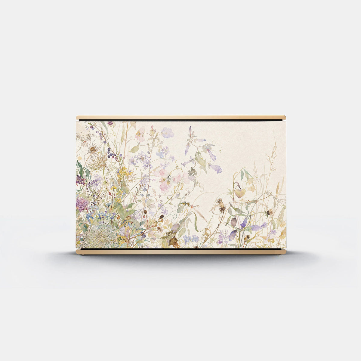 Bang & Olufsen Beosound Level speaker cover Herbarium by Tegrino Studio featuring wild flowers and grasses in watercolour on warm off-white, printed on acoustically transparent fabric