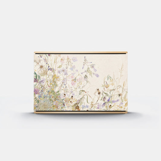Bang & Olufsen Beosound Level speaker cover Herbarium by Tegrino Studio featuring wild flowers and grasses in watercolour on warm off-white, printed on acoustically transparent fabric