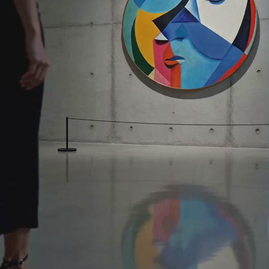 Bang & Olufsen BeoPlay A9 and BeoSound A9 speaker cover Éclat — Cubist Portrait by Tegrino Studio featuring cubist abstract face in vivid blue, yellow, pink and deep green geometric planes, printed on acoustically transparent fabric