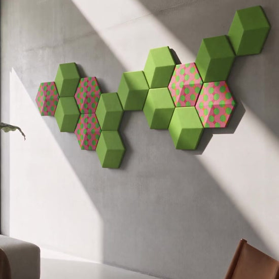 Summer Beat covers by Tegrino Studio on a Bang & Olufsen Beosound Shape, green and pink hexagon tiles on a concrete wall with moving sunlight
