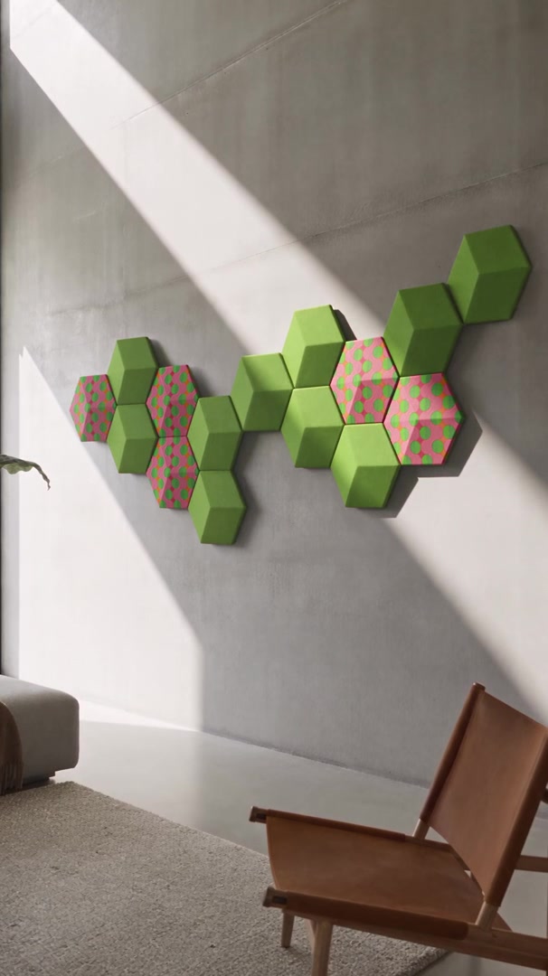 Summer Beat covers by Tegrino Studio on a Bang & Olufsen Beosound Shape, green and pink hexagon tiles on a concrete wall with moving sunlight