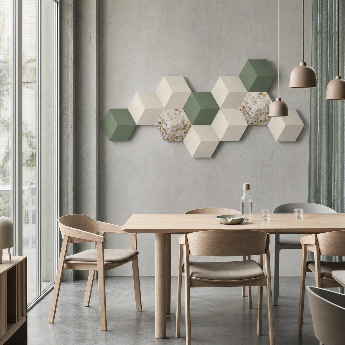 Bang & Olufsen Beosound Shape with Herbarium covers by Tegrino Studio, a hexagon wall above an oak dining table
