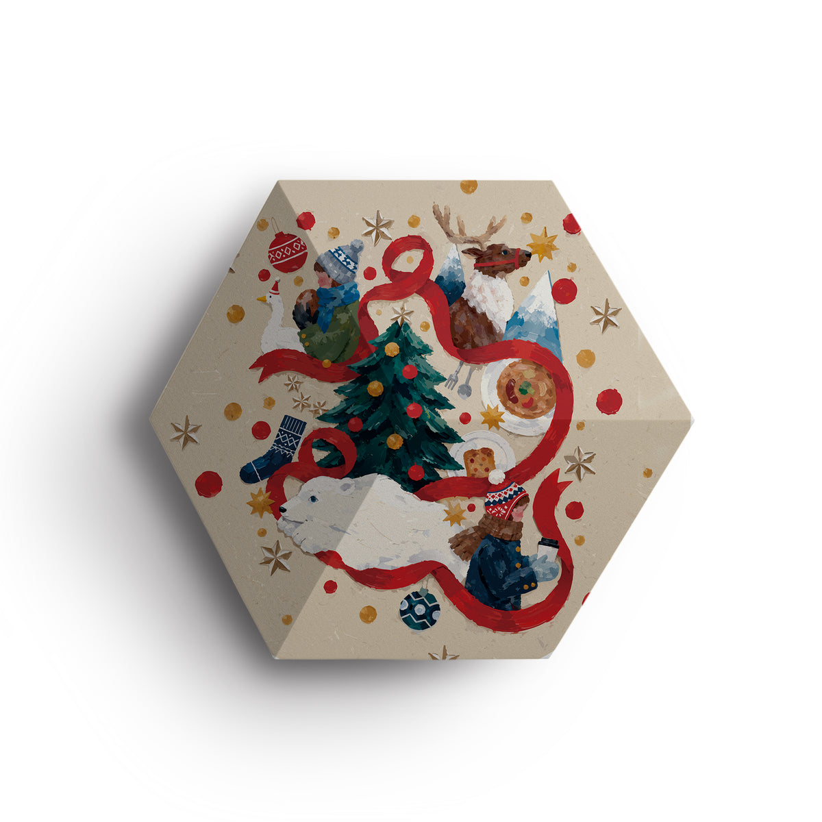 Bang & Olufsen Beosound Shape tile cover Christmas Tale by Tegrino Studio featuring a gouache winter story with a red ribbon, a Christmas tree, a reindeer and a polar bear on warm sand, printed on acoustically transparent fabric