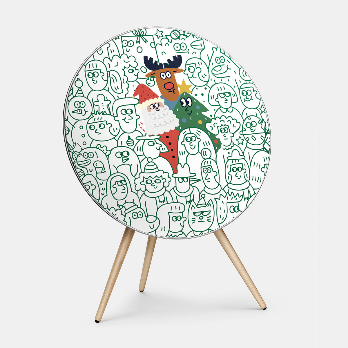 Bang & Olufsen Beoplay A9 speaker cover Spot the Santa by Tegrino Studio, a crowd drawn in a single green line with only Santa, a red-nosed reindeer and a smiling Christmas tree in colour, printed on acoustically transparent fabric