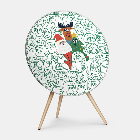 Bang & Olufsen Beoplay A9 speaker cover Spot the Santa by Tegrino Studio, a crowd drawn in a single green line with only Santa, a red-nosed reindeer and a smiling Christmas tree in colour, printed on acoustically transparent fabric