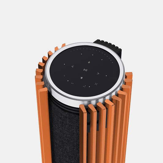 BeoLab 28 aluminium cover in Matte Cosmic Orange, front hero view