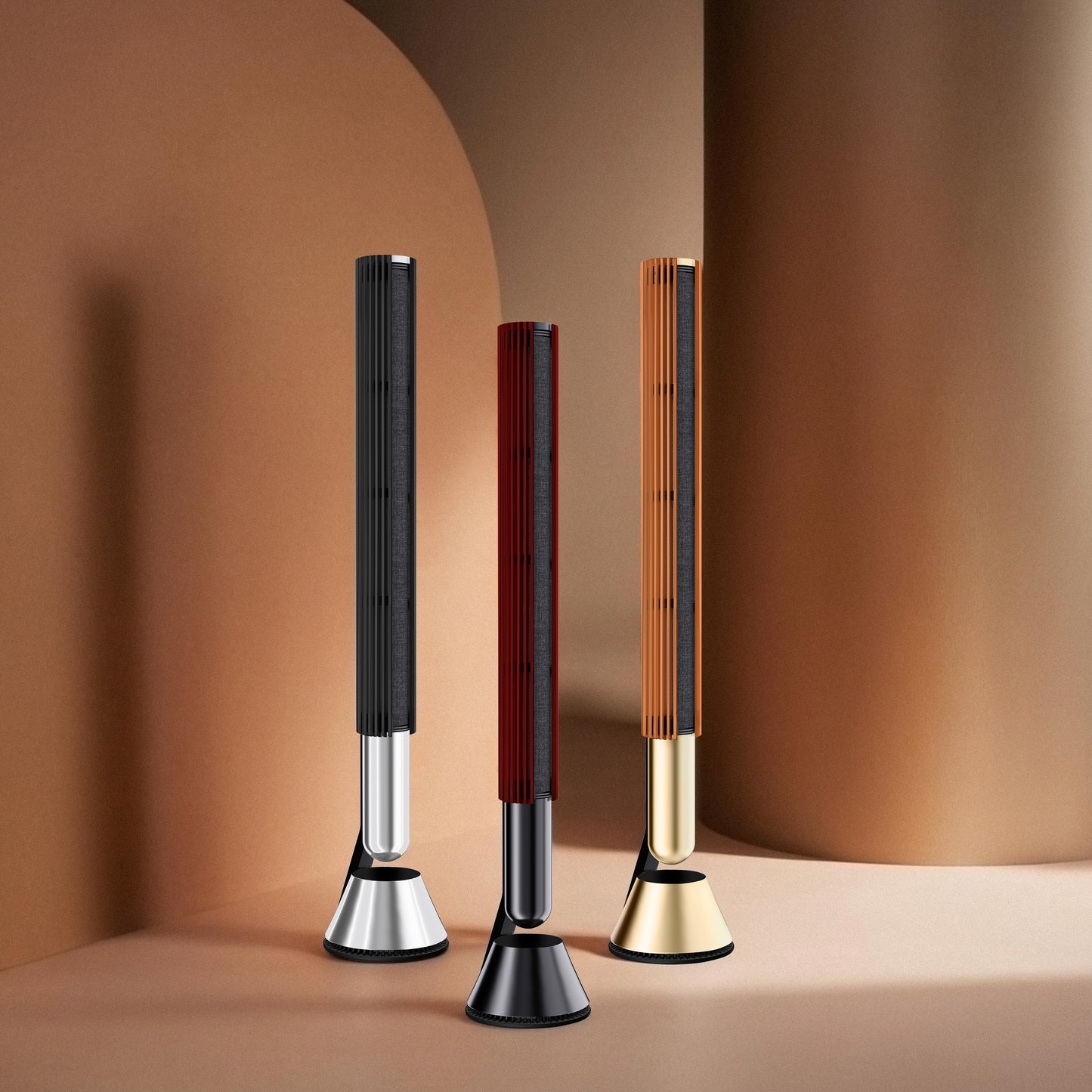 Cosmic Orange cover on a Gold BeoLab 28 cabinet, warm accent