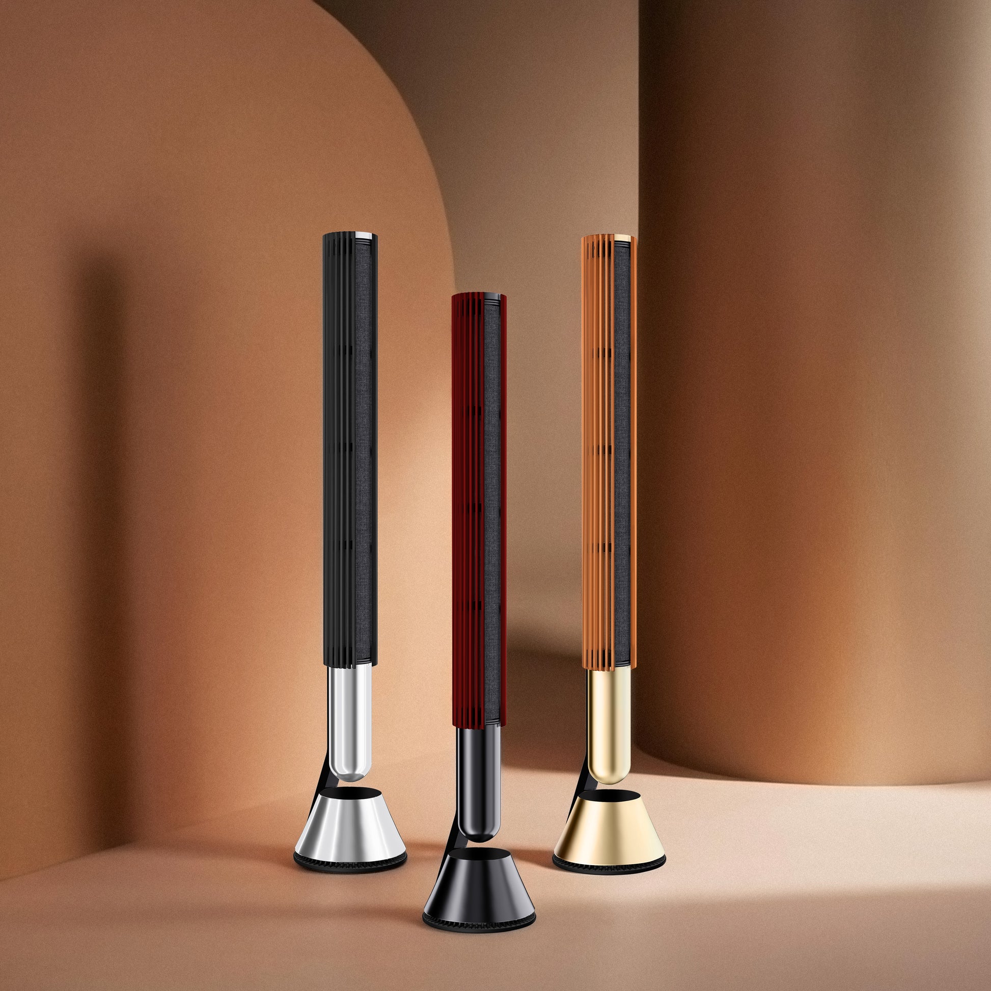 Cosmic Orange cover on a Gold BeoLab 28 cabinet, warm accent